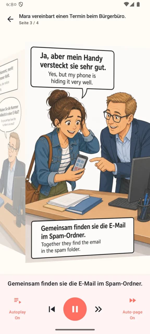 German Comics A2 reader showing a comic page with German text and English translation