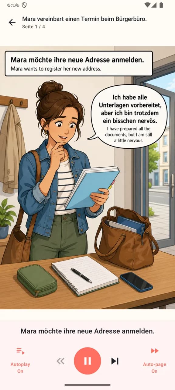 German Comics A2 reader playing audio with playback controls below the comic