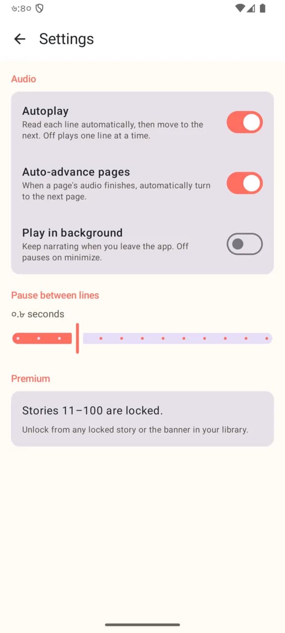 German Comics A2 settings with autoplay, auto-advance, and pause-between-lines controls