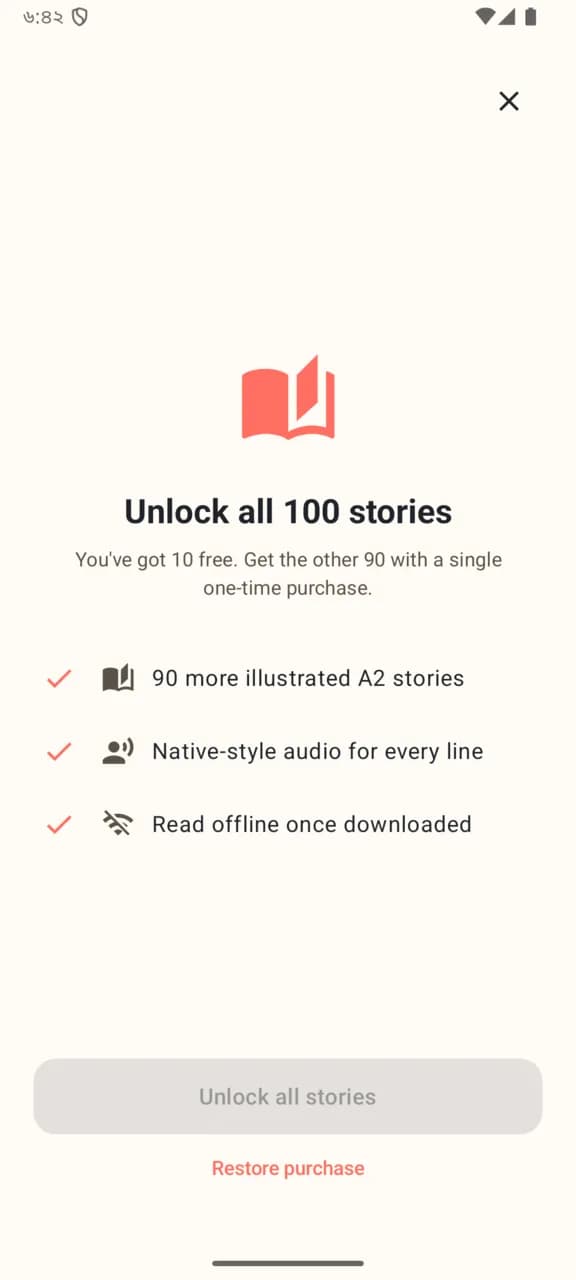 German Comics A2 unlock screen offering all 100 stories with a one-time purchase