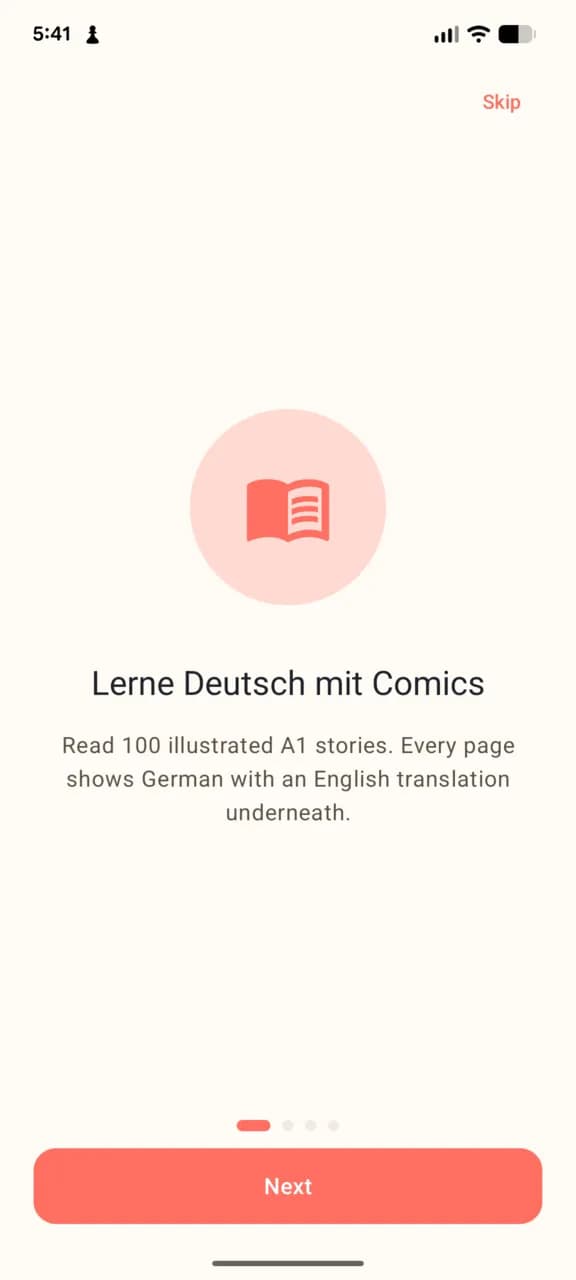 German Comics A2 onboarding screen welcoming the learner