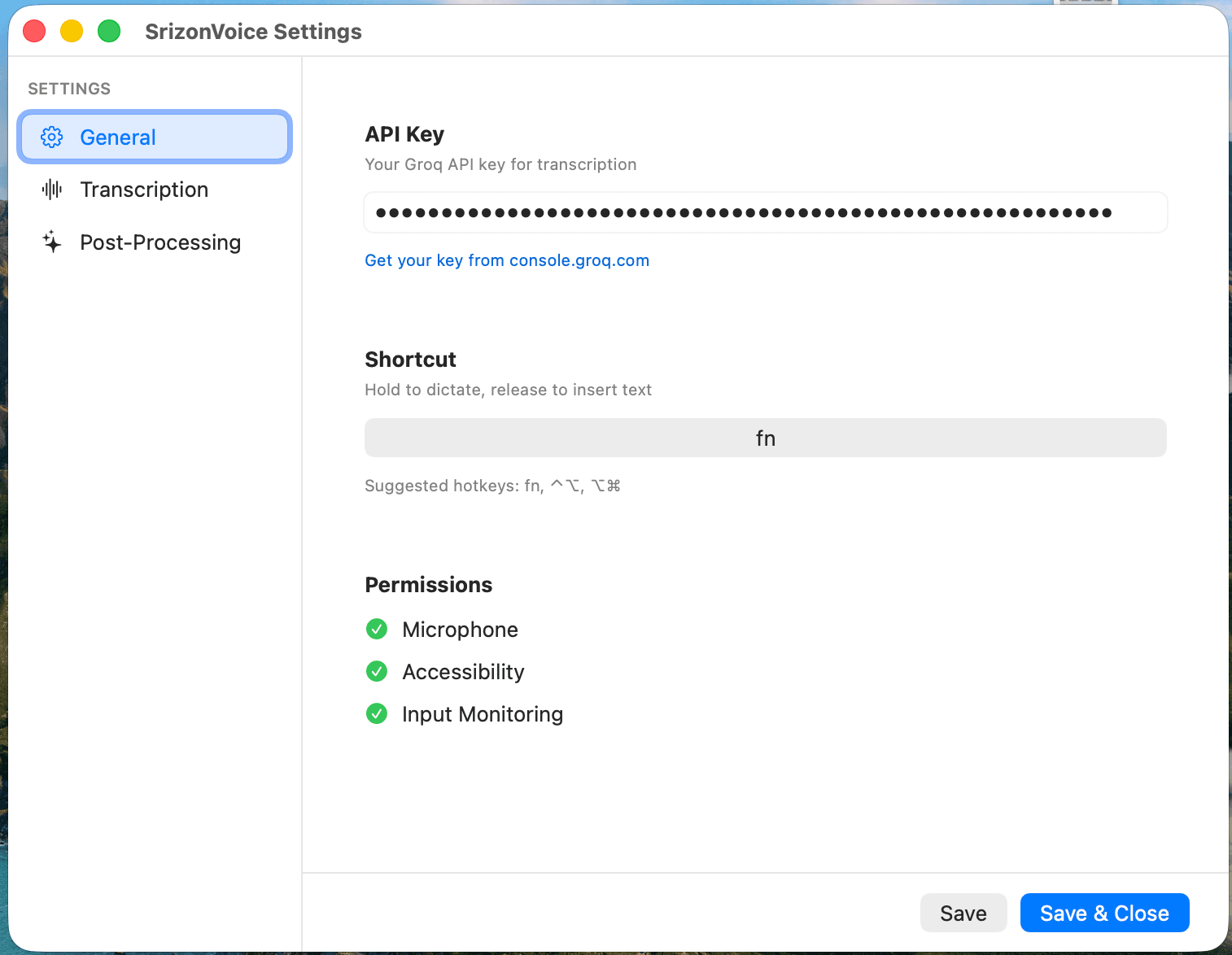 SrizonVoice General settings tab with API key, permissions, and hotkey configuration