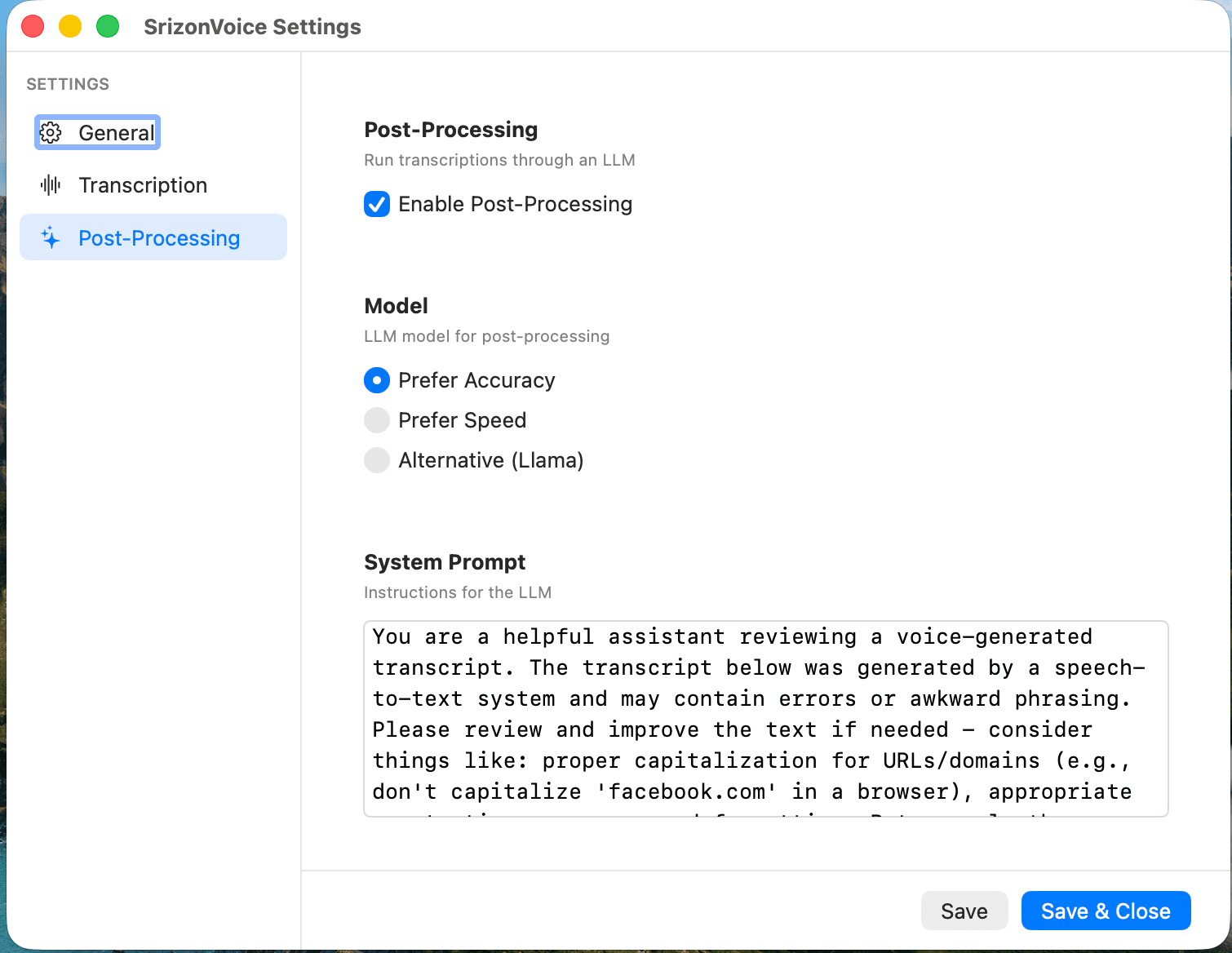 SrizonVoice Post-Processing settings tab with LLM model selection and custom system prompt