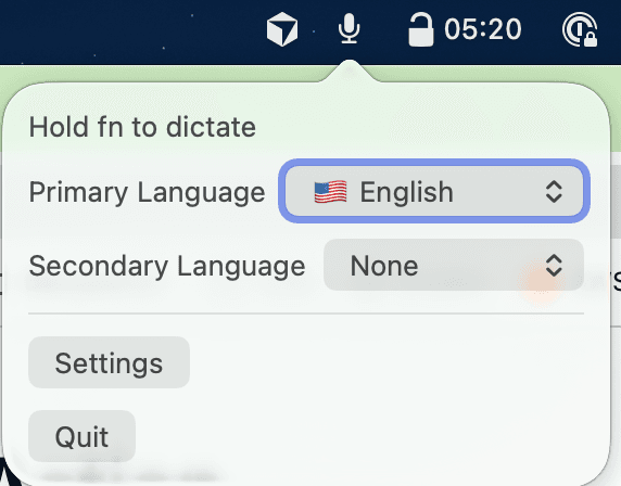 SrizonVoice menu bar popover showing hold fn to dictate with language selectors