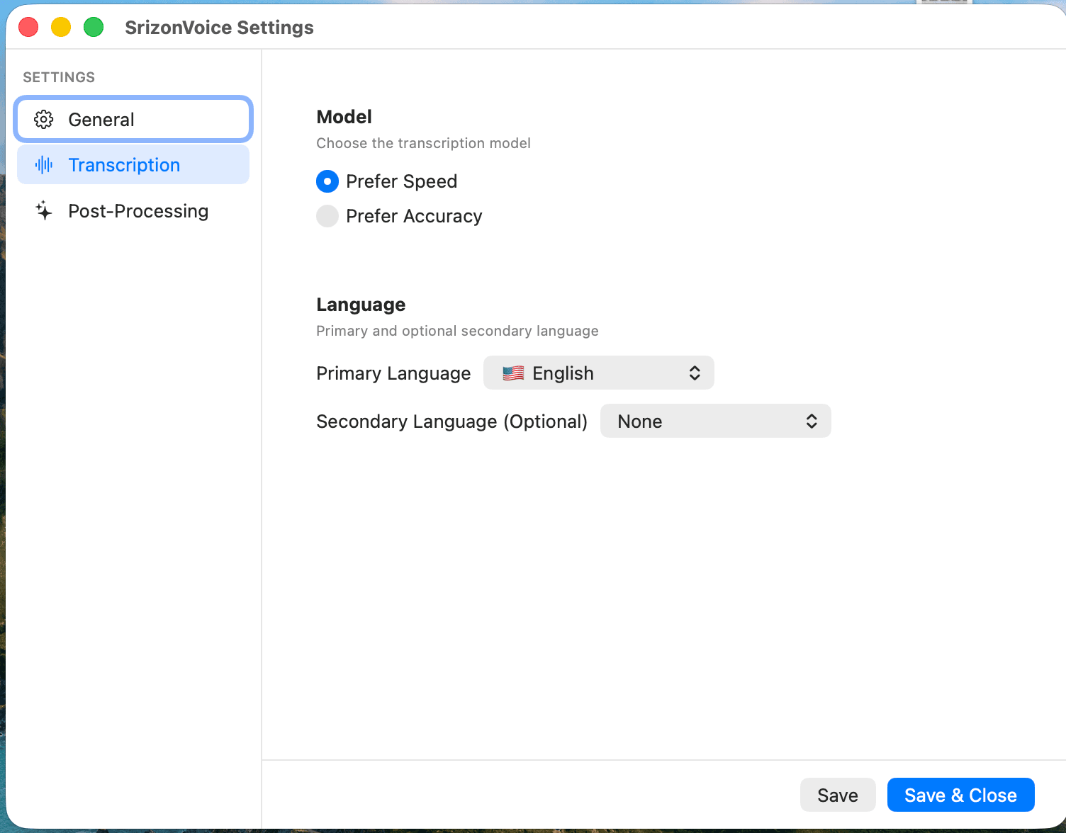 SrizonVoice Transcription settings tab with language selectors and model options