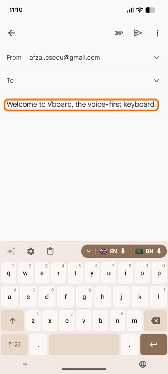 vBoard keyboard with voice language toggle, AI actions, and clipboard