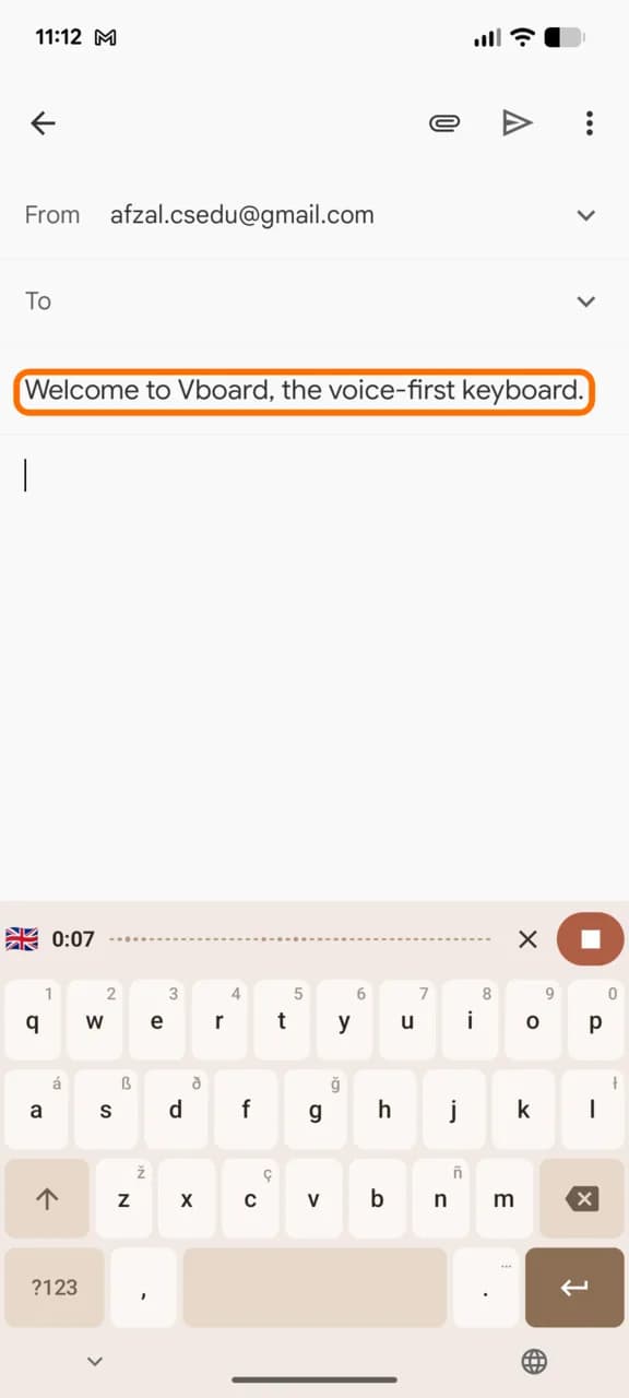 vBoard recording dictation in progress with a live timer