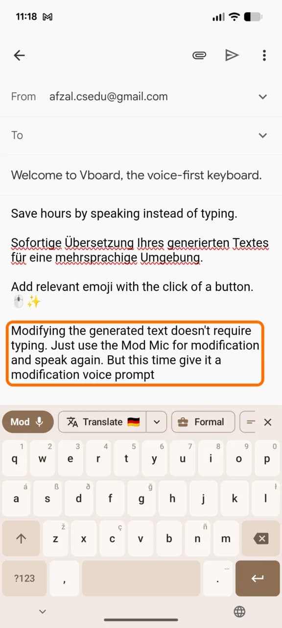 vBoard modifying the written text with a spoken voice command