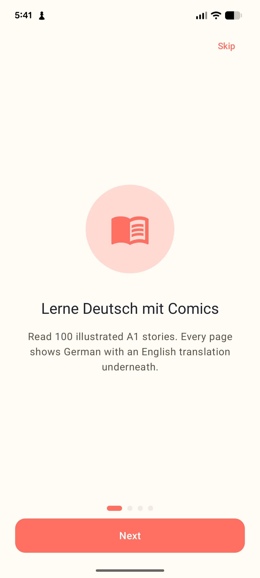German Comics A1 onboarding screen: Lerne Deutsch mit Comics