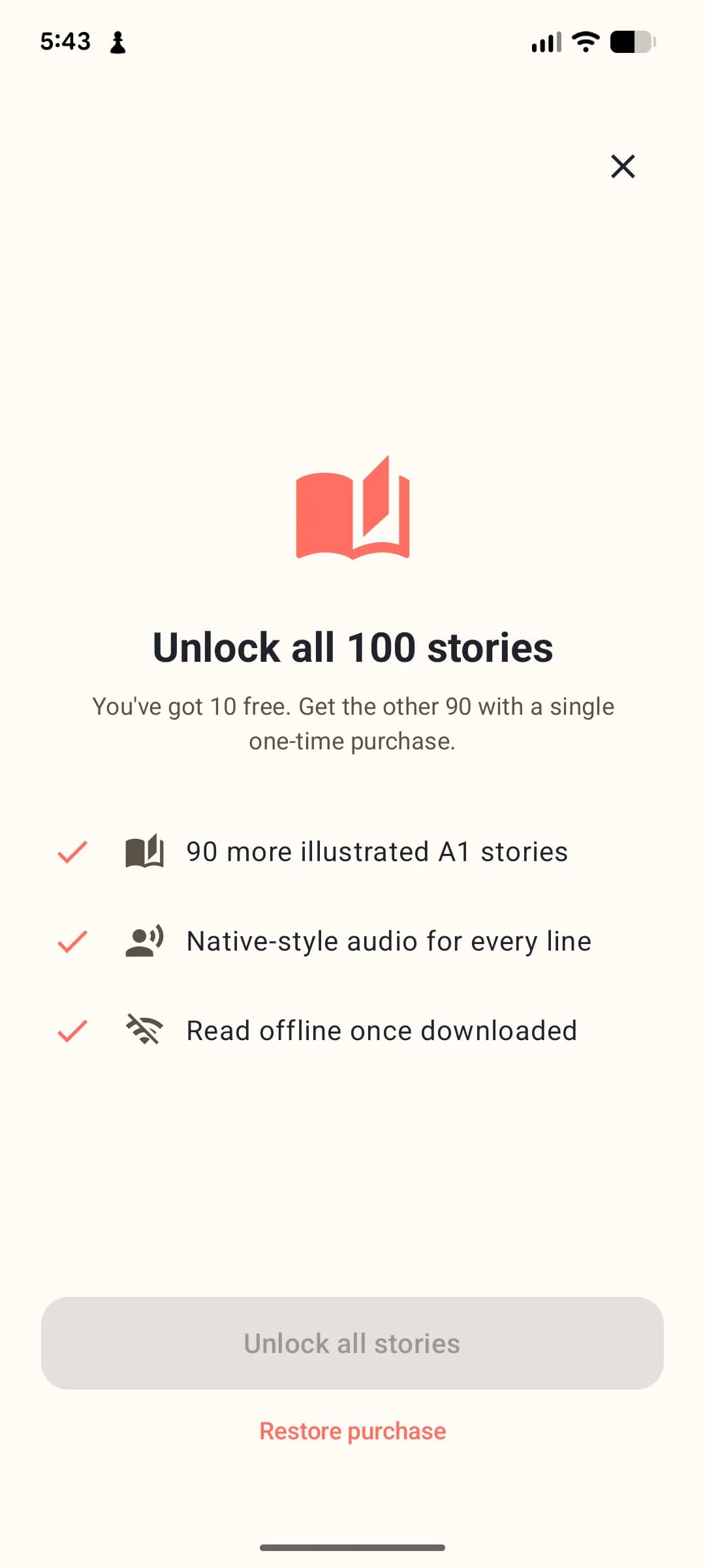 German Comics A1 unlock screen offering all 100 stories with a one-time purchase
