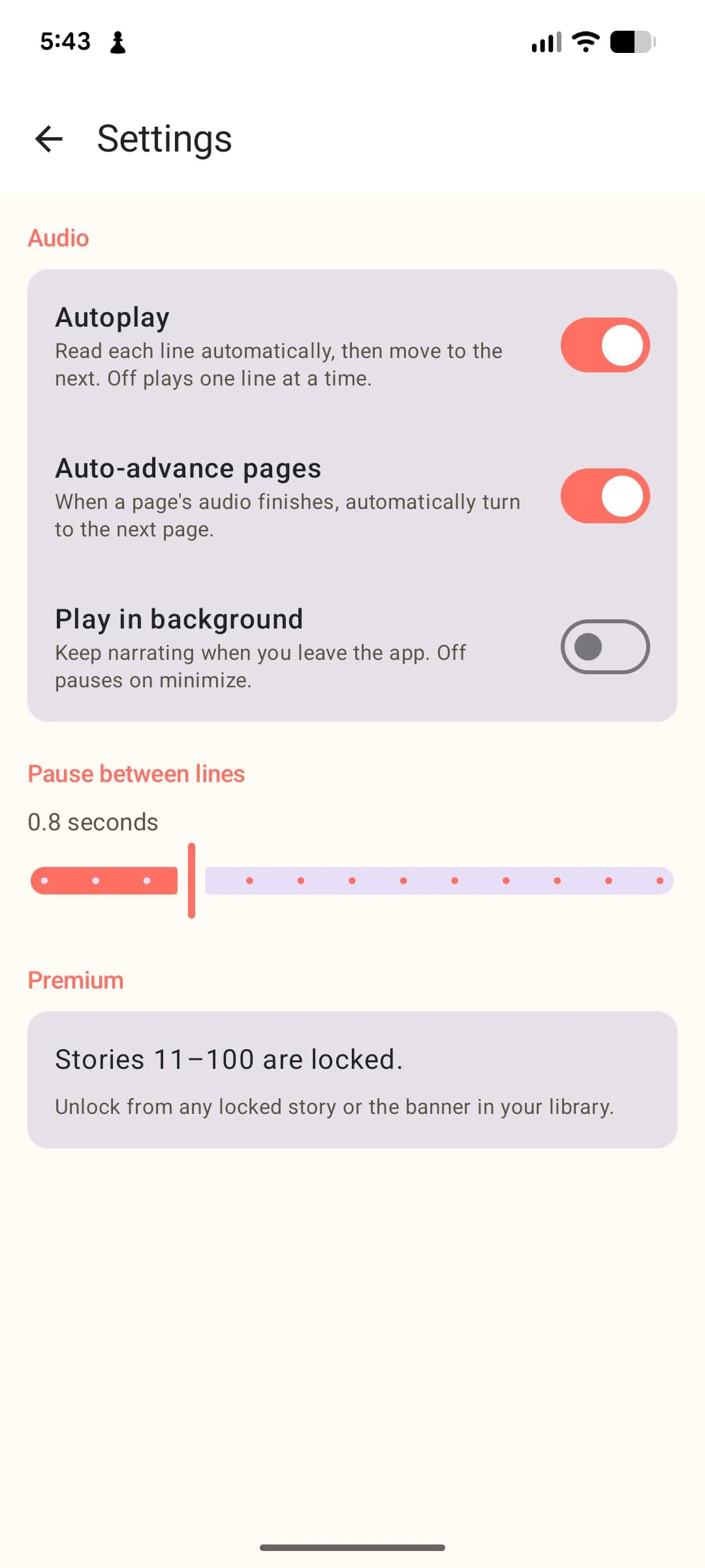 German Comics A1 settings with autoplay, auto-advance, and pause-between-lines controls