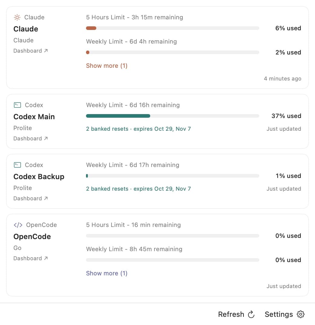 QuotaBar AI showing Claude, two Codex accounts, and OpenCode with usage bars, reset times, and banked resets.