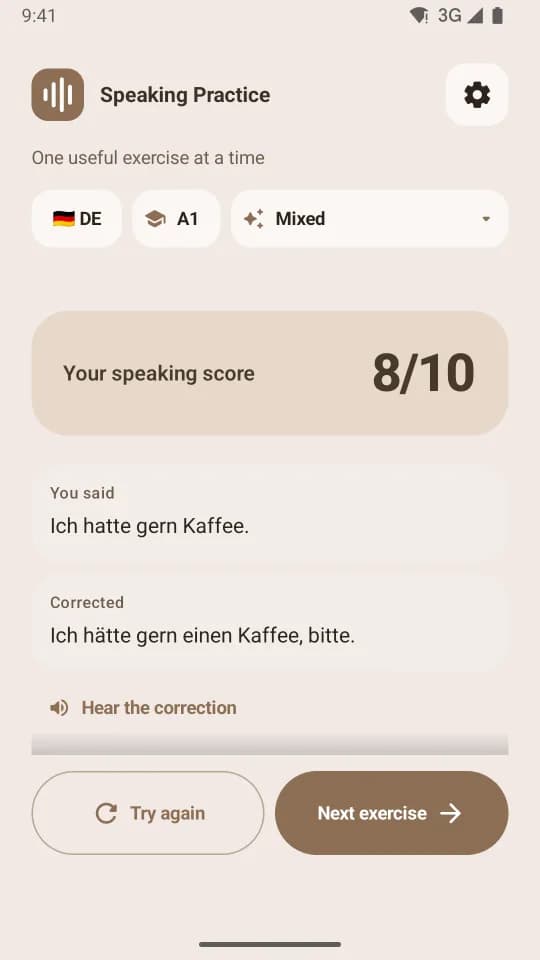 Feedback screen with a score of 8 out of 10, the learner's transcript, and the corrected sentence
