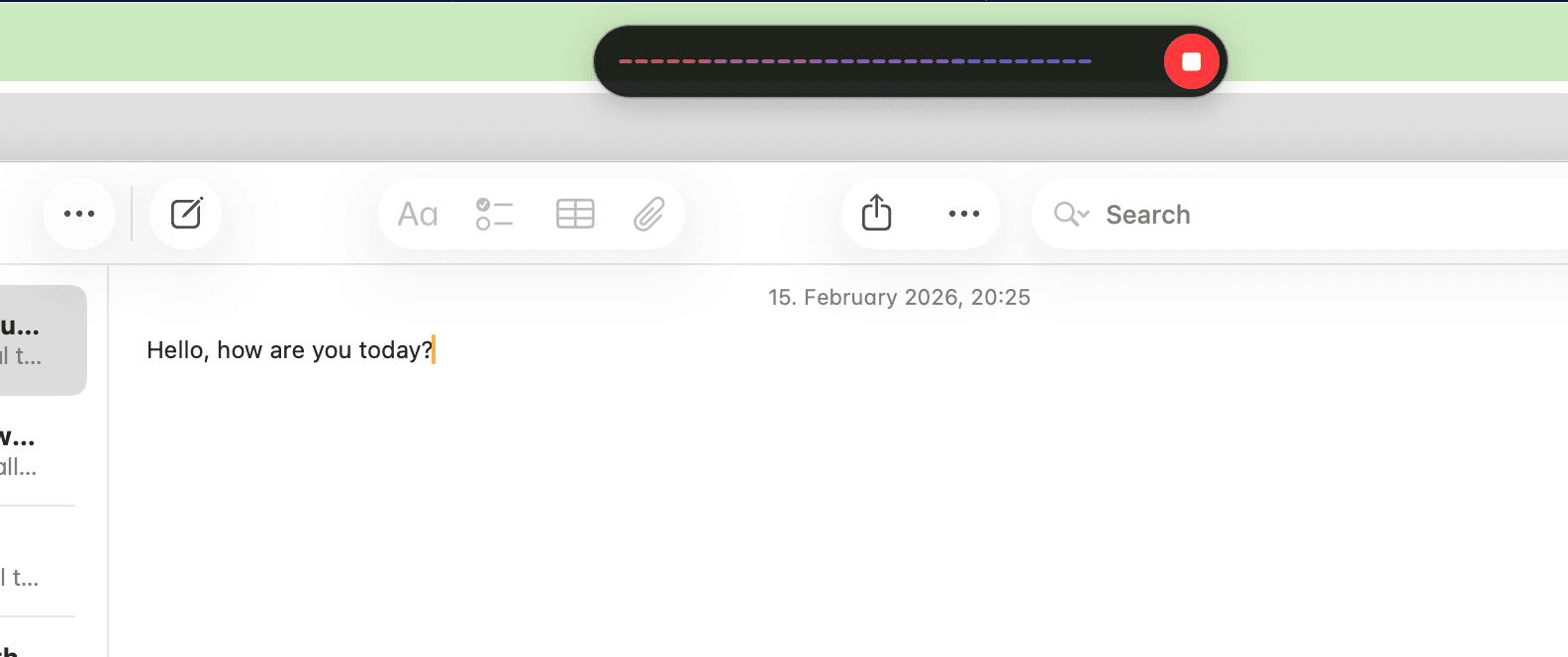 Live dictation inserting text into a note-taking app