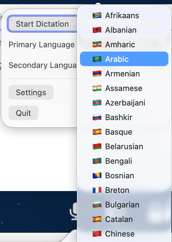 Language selector showing 111 supported languages with country flags