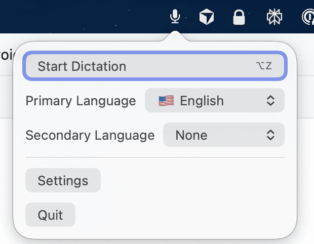 SrizonVoice menu bar popover with Start Dictation button and language selectors