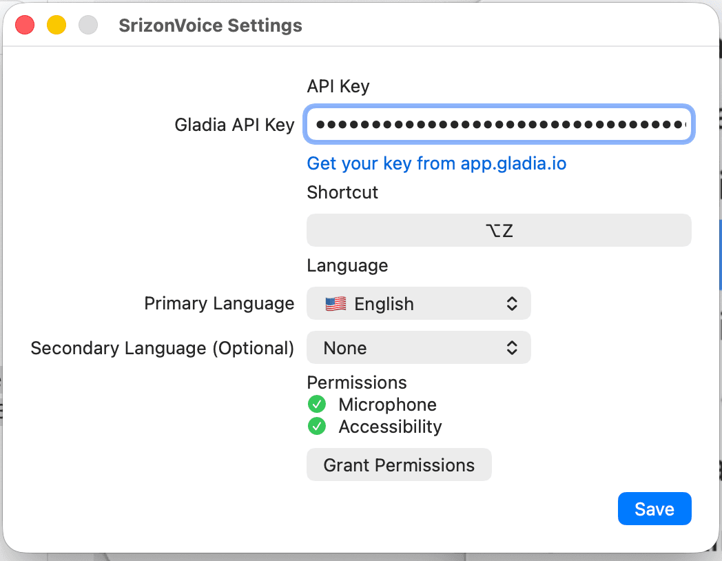 SrizonVoice settings window with API key, shortcut, language, and permissions